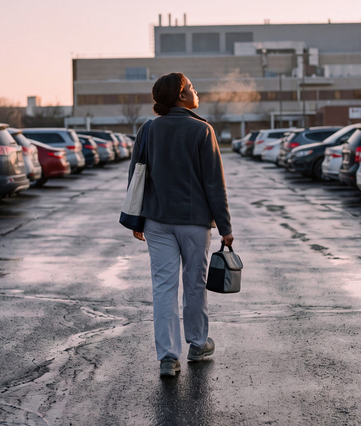 Healthcare worker carrying a lunch bag across a hospital parking lot at sunrise