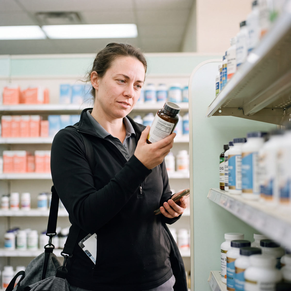 Woman reading the label on a supplement bottle in a pharmacy aisle