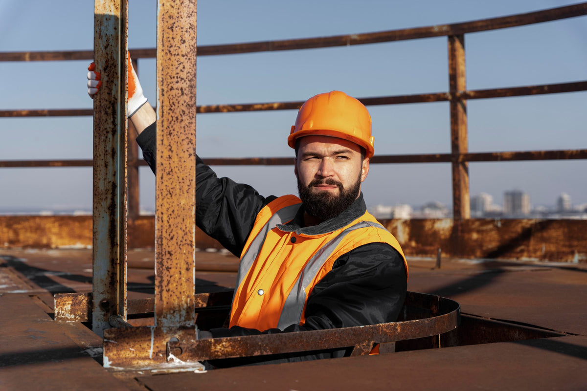 Construction worker in a hard hat and high-visibility jacket on a job site